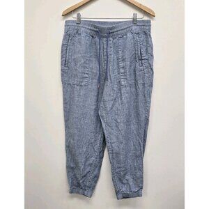 Athleta Retreat Linen Ankle Pants Womens 12 Petite Blue Elastic Waist Drawstring